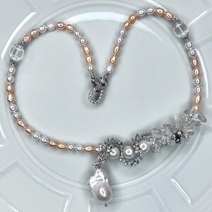 🔥🔥 Handmade HQ Freshwater Pearl Flameball Carved Clear Quartz Crystal Necklace